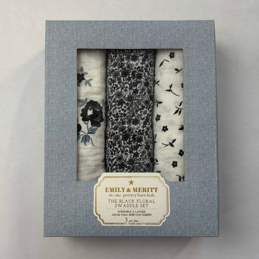 Emily & Merritt Pottery Barn Black Floral Swaddle Set of 3 Organic Cotton Muslin